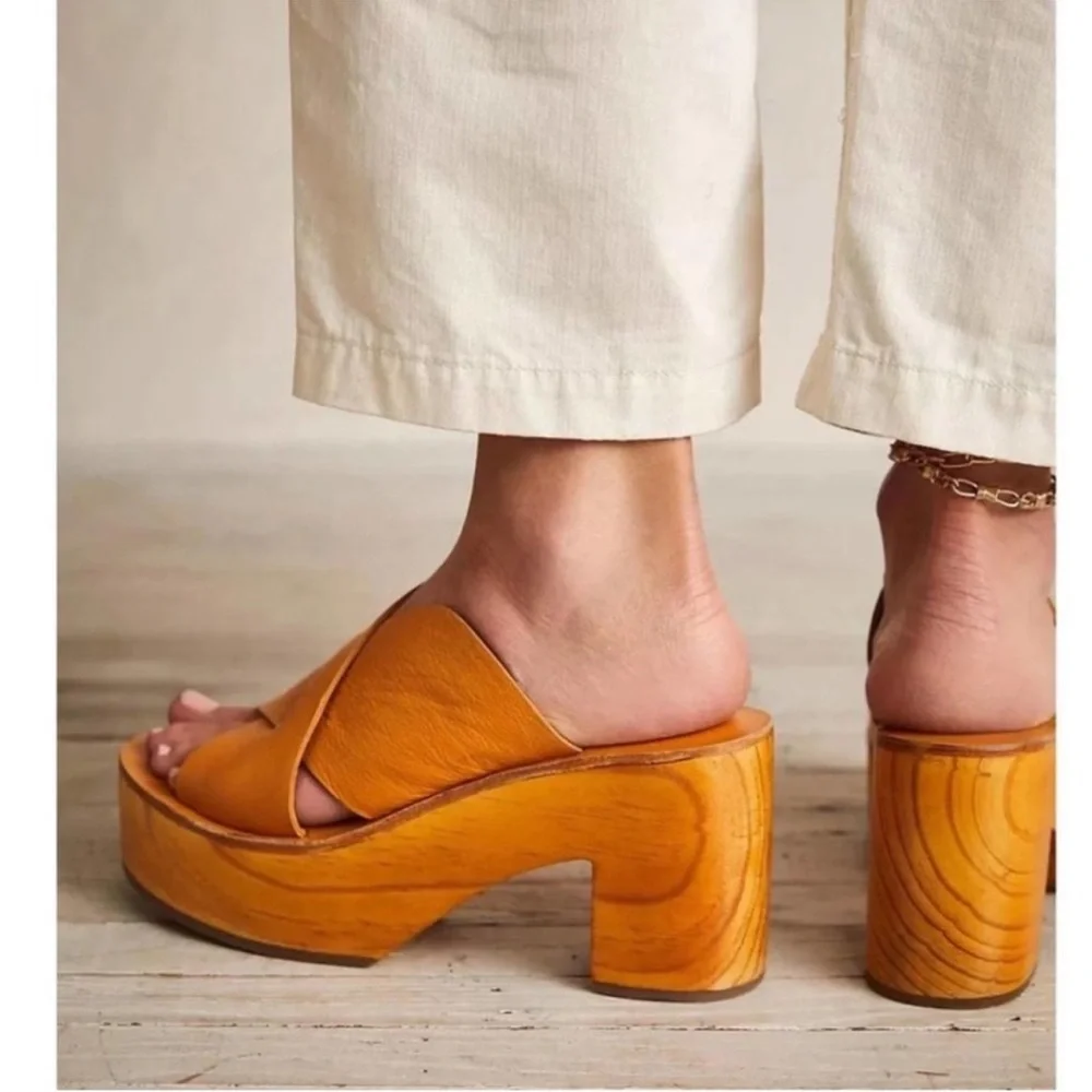 Free People Kora Boho Leather Platform Clog Orange Sweetheart Sunrise